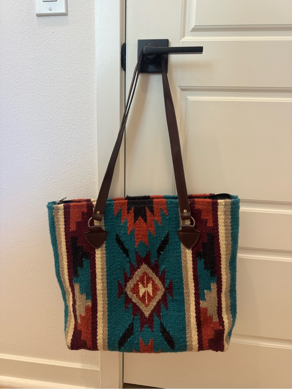 Southwestern Pattern Teal & Rust Woven Tote Bag